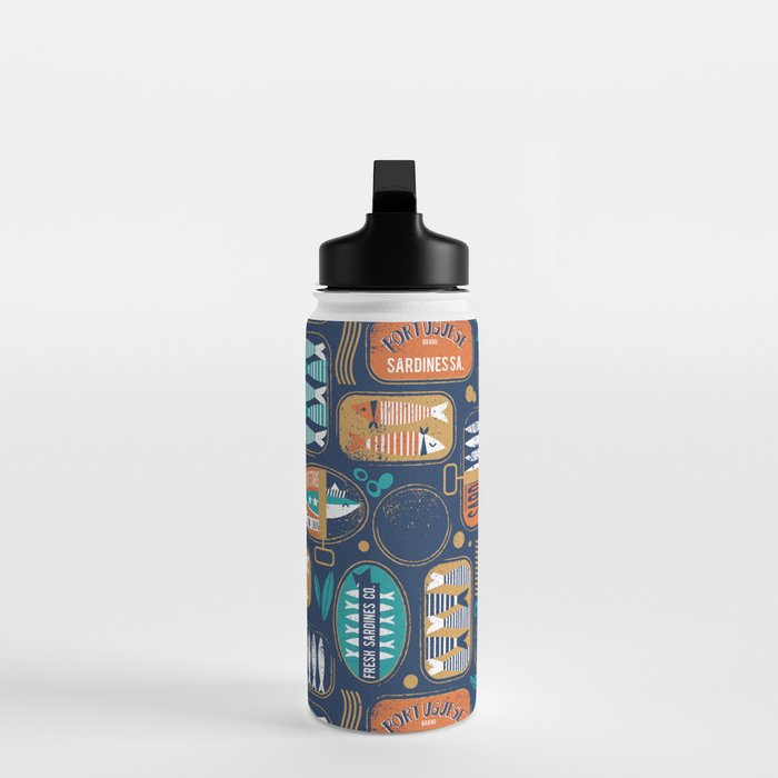 Vintage canned sardines // navy blue background peacock teal and gold drop orange cans  Water Bottle Gallery Image 3