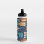 Vintage canned sardines // navy blue background peacock teal and gold drop orange cans  Water Bottle Gallery Image 3