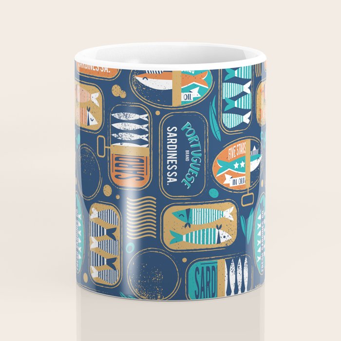 Vintage canned sardines // navy blue background peacock teal and gold drop orange cans  Coffee Mug Gallery Image 4