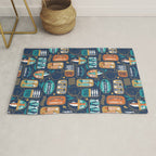 Vintage canned sardines // navy blue background peacock teal and gold drop orange cans  Rug Gallery Image 1
