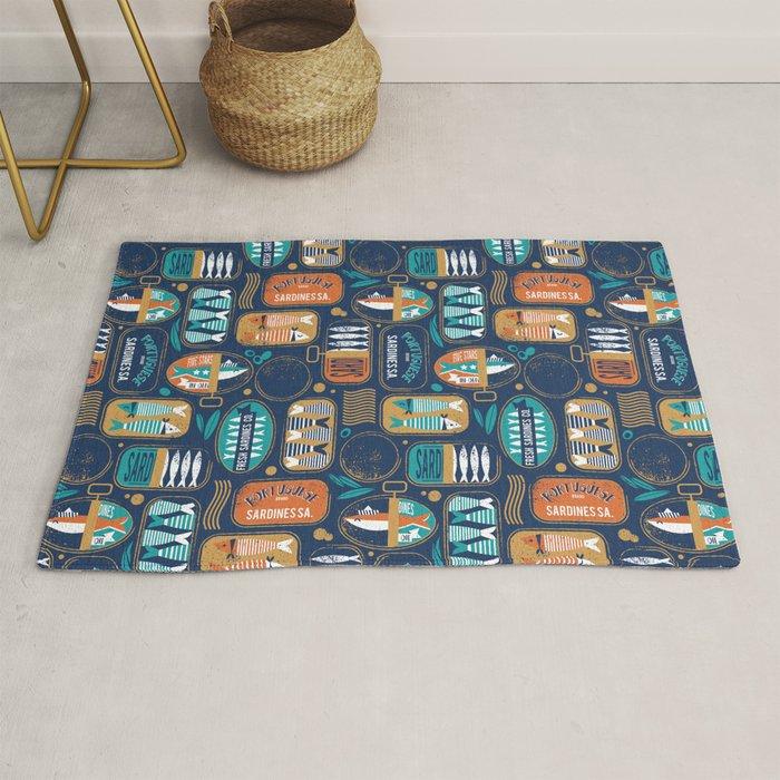 Vintage canned sardines // navy blue background peacock teal and gold drop orange cans  Rug Gallery Image 1