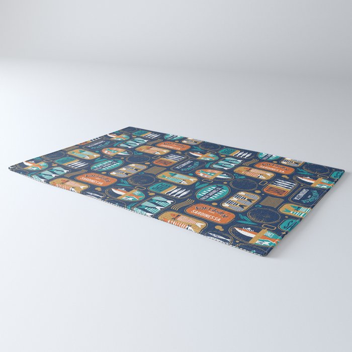 Vintage canned sardines // navy blue background peacock teal and gold drop orange cans  Rug Gallery Image 3
