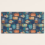 Vintage canned sardines // navy blue background peacock teal and gold drop orange cans  Desk Mat Gallery Image 3