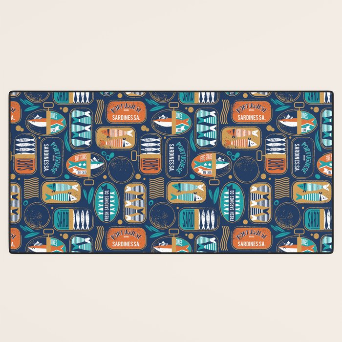 Vintage canned sardines // navy blue background peacock teal and gold drop orange cans  Desk Mat Gallery Image 3