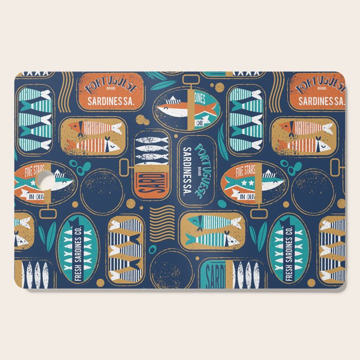 Vintage canned sardines // navy blue background peacock teal and gold drop orange cans  Cutting Board Gallery Image 1