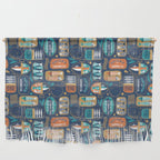 Vintage canned sardines // navy blue background peacock teal and gold drop orange cans  Wall Hanging Gallery Image 1