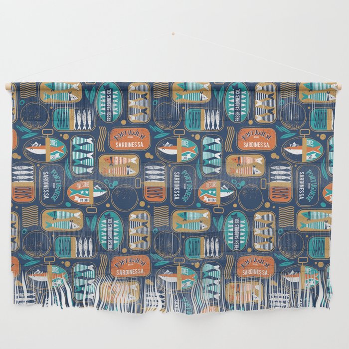 Vintage canned sardines // navy blue background peacock teal and gold drop orange cans  Wall Hanging Gallery Image 1