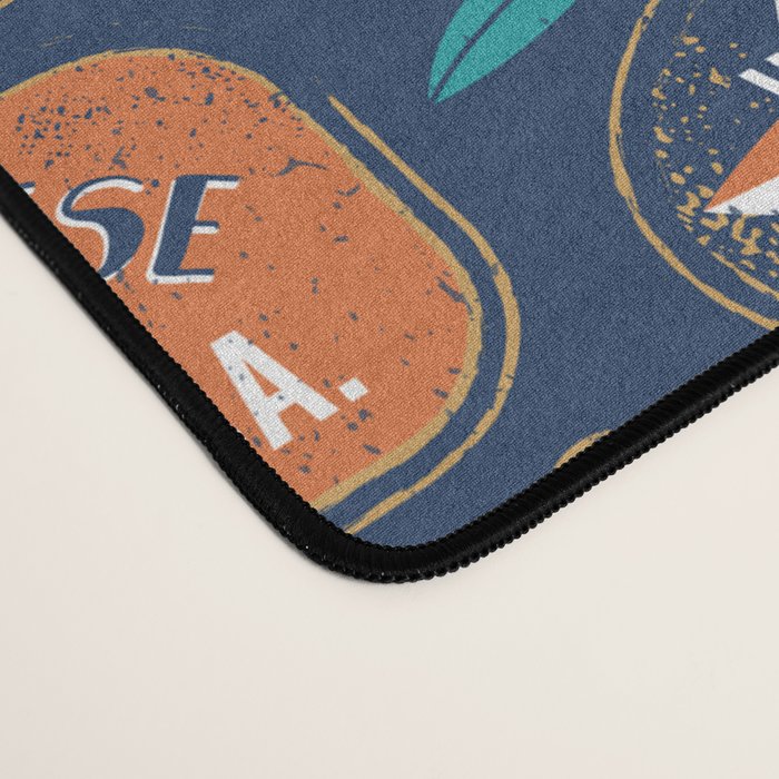 Vintage canned sardines // navy blue background peacock teal and gold drop orange cans  Desk Mat Gallery Image 4