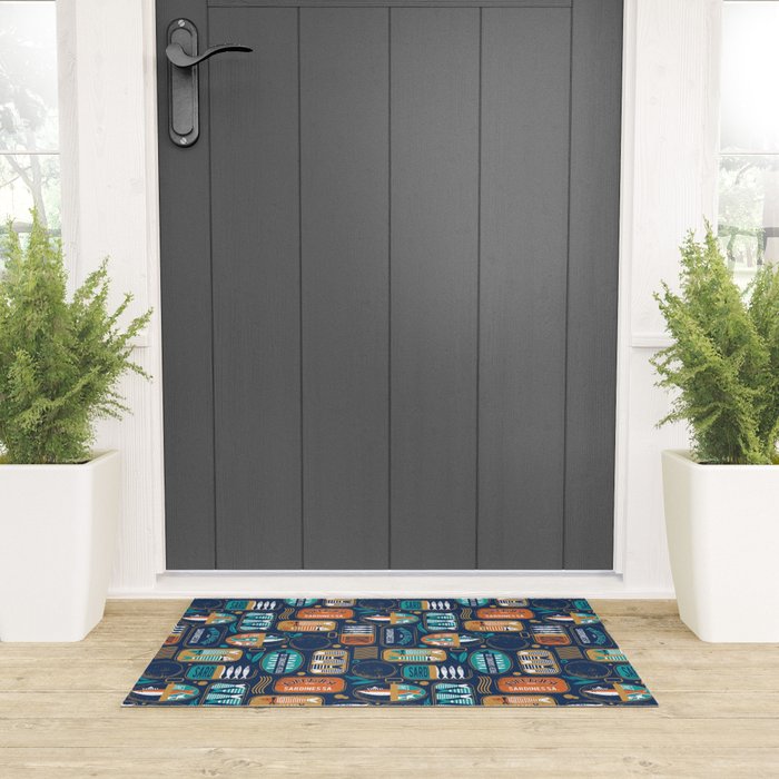 Vintage canned sardines // navy blue background peacock teal and gold drop orange cans  Welcome Mat Gallery Image 3