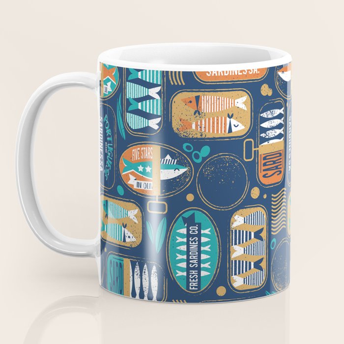 Vintage canned sardines // navy blue background peacock teal and gold drop orange cans  Coffee Mug Gallery Image 3