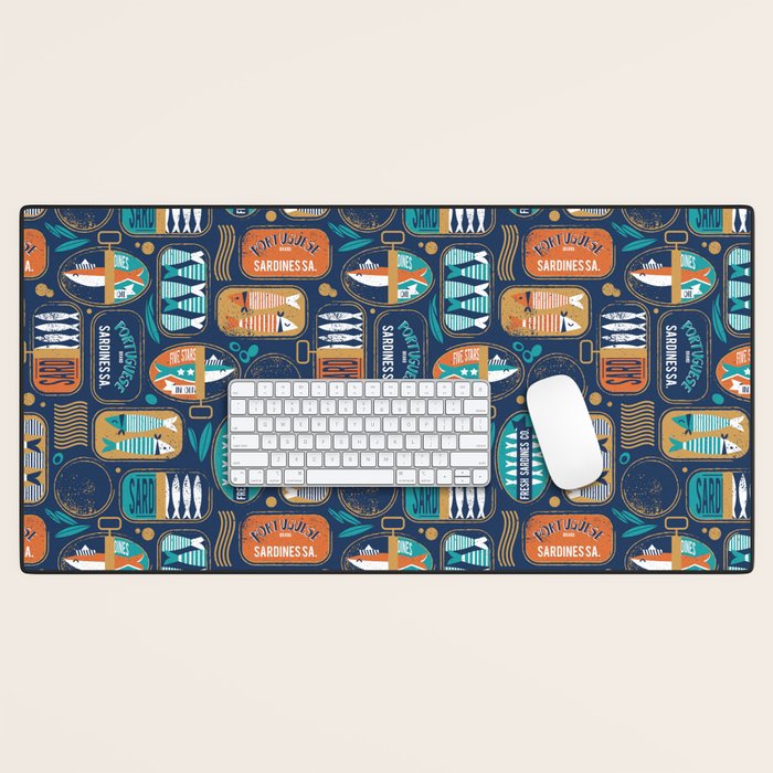 Vintage canned sardines // navy blue background peacock teal and gold drop orange cans  Desk Mat Gallery Image 1