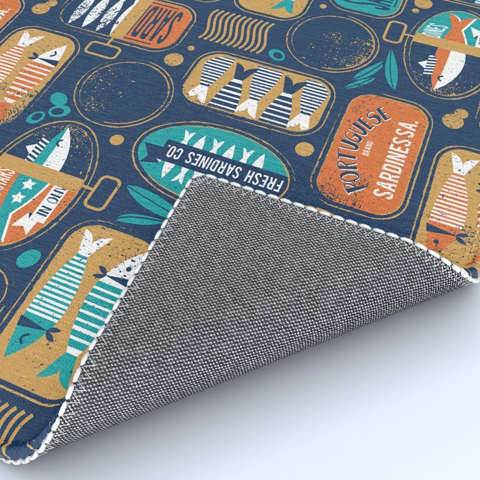Vintage canned sardines // navy blue background peacock teal and gold drop orange cans  Rug Gallery Image 4