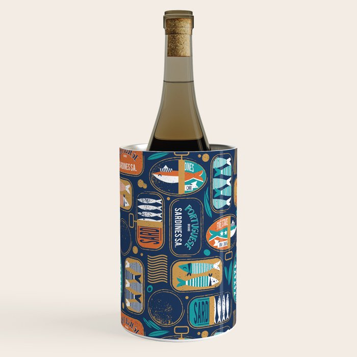 Vintage canned sardines // navy blue background peacock teal and gold drop orange cans  Wine Chiller Gallery Image 1