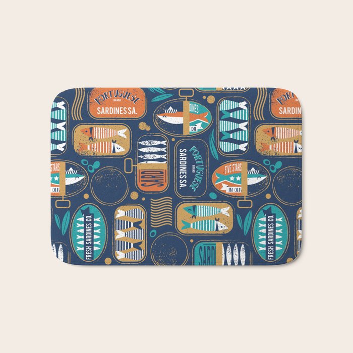 Vintage canned sardines // navy blue background peacock teal and gold drop orange cans  Bath Mat Gallery Image 1