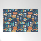 Vintage canned sardines // navy blue background peacock teal and gold drop orange cans  Welcome Mat Gallery Image 1