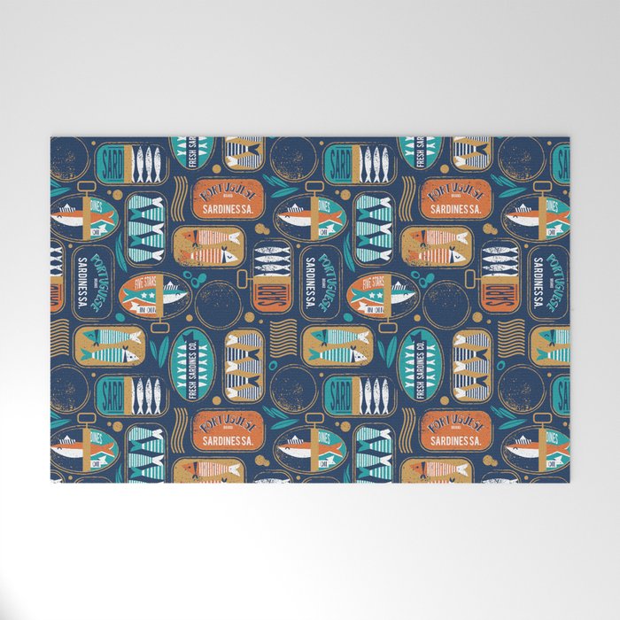 Vintage canned sardines // navy blue background peacock teal and gold drop orange cans  Welcome Mat Gallery Image 1