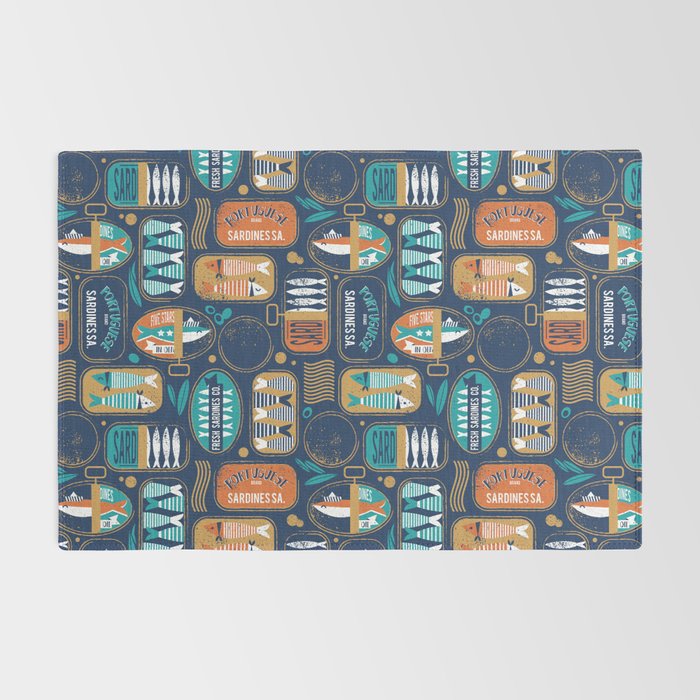 Vintage canned sardines // navy blue background peacock teal and gold drop orange cans  Rug Gallery Image 2