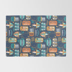 Vintage canned sardines // navy blue background peacock teal and gold drop orange cans  Rug Gallery Image 2