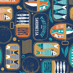 Vintage canned sardines // navy blue background peacock teal and gold drop orange cans  Coffee Mug Gallery Image 2