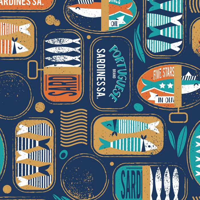 Vintage canned sardines // navy blue background peacock teal and gold drop orange cans  Coffee Mug Gallery Image 2