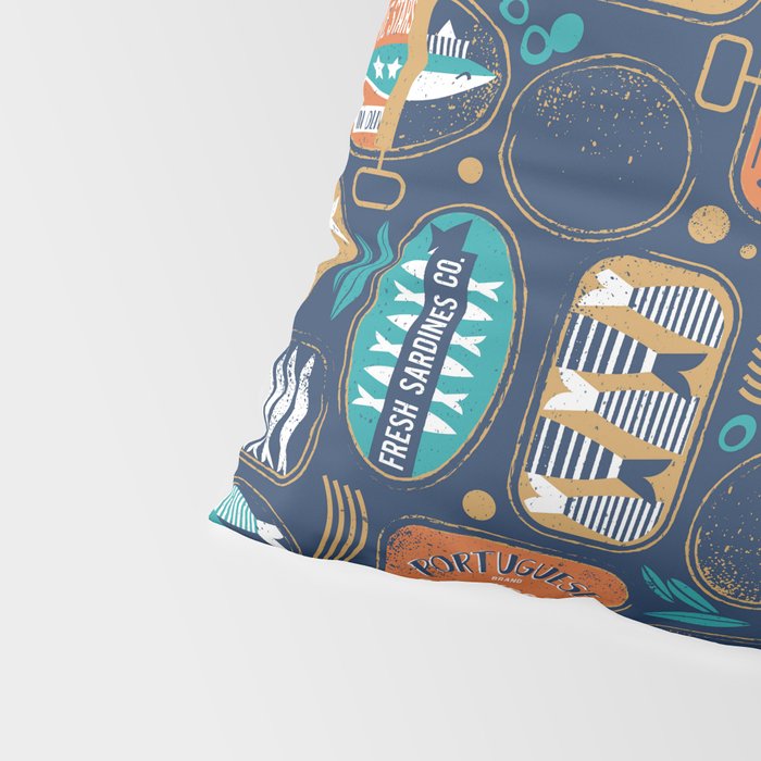 Vintage canned sardines // navy blue background peacock teal and gold drop orange cans  Pillow Sham Gallery Image 4