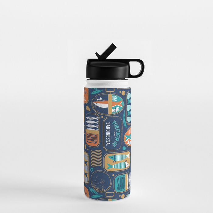 Vintage canned sardines // navy blue background peacock teal and gold drop orange cans  Water Bottle Gallery Image 1