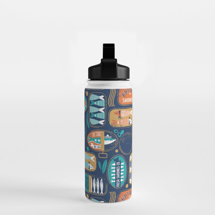 Vintage canned sardines // navy blue background peacock teal and gold drop orange cans  Water Bottle Gallery Image 2