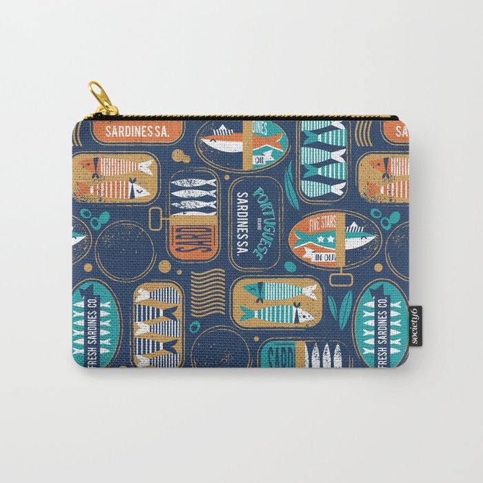 Vintage canned sardines // navy blue background peacock teal and gold drop orange cans  Carry All Pouch Gallery Image 1
