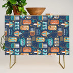 Vintage canned sardines // navy blue background peacock teal and gold drop orange cans  Credenza Gallery Image 1
