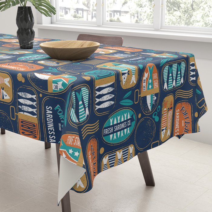 Vintage canned sardines // navy blue background peacock teal and gold drop orange cans  Tablecloth Gallery Image 3