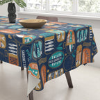Vintage canned sardines // navy blue background peacock teal and gold drop orange cans  Tablecloth Gallery Image 3