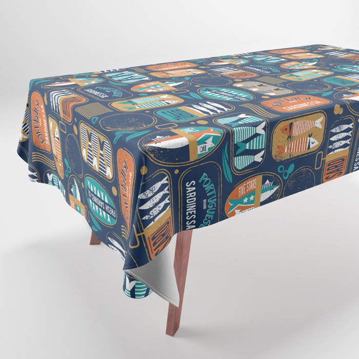 Vintage canned sardines // navy blue background peacock teal and gold drop orange cans  Tablecloth Gallery Image 1