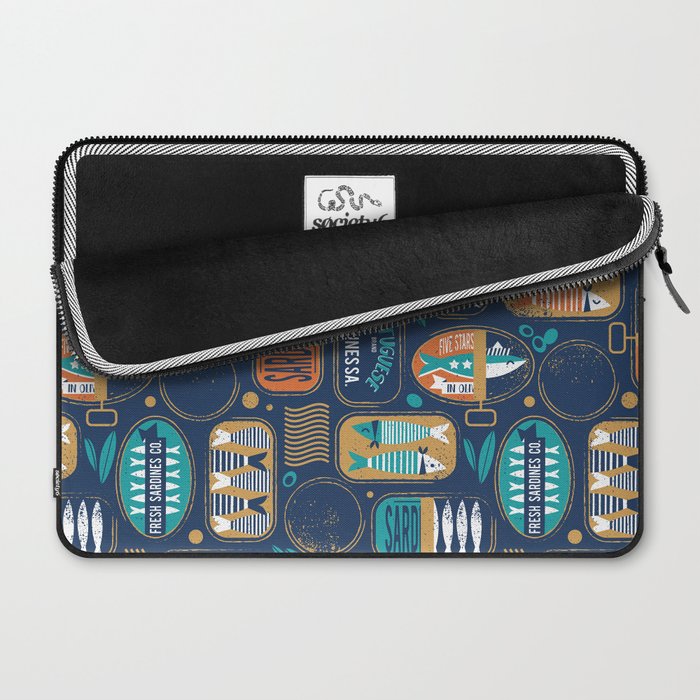 Vintage canned sardines // navy blue background peacock teal and gold drop orange cans  Laptop Sleeve Gallery Image 2