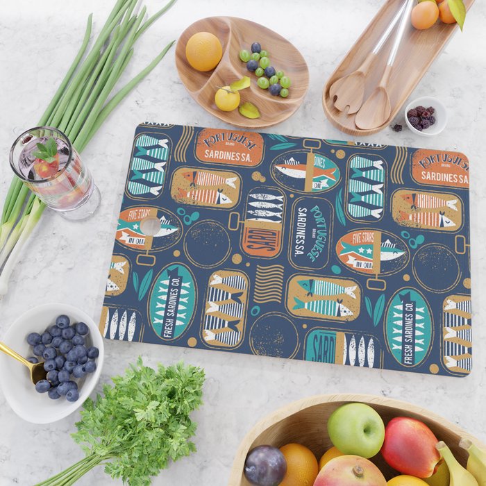 Vintage canned sardines // navy blue background peacock teal and gold drop orange cans  Cutting Board Gallery Image 2