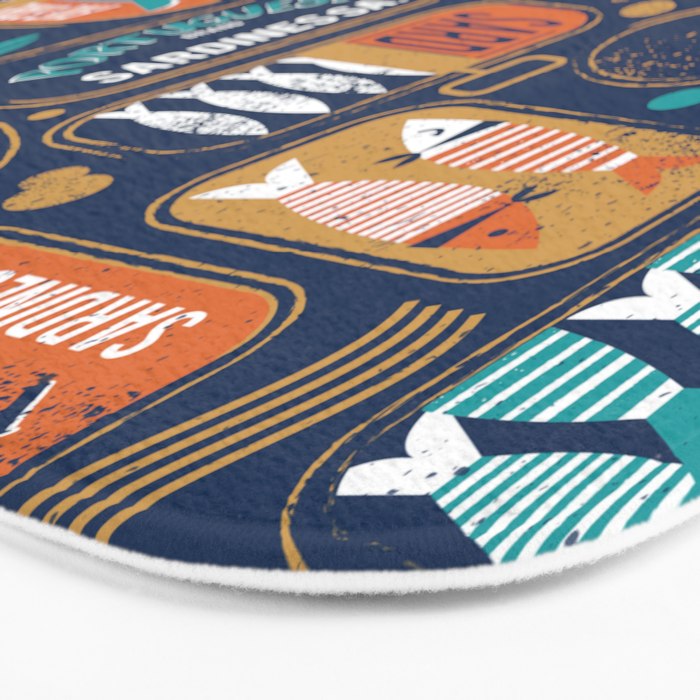 Vintage canned sardines // navy blue background peacock teal and gold drop orange cans  Bath Mat Gallery Image 3