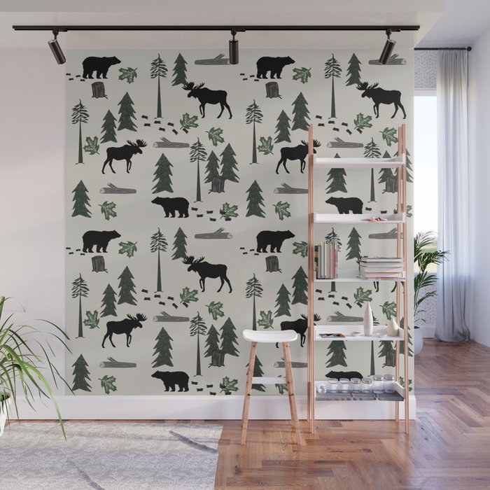 Camping woodland forest nature moose bear pattern nursery gifts Wall Mural Gallery Image 1