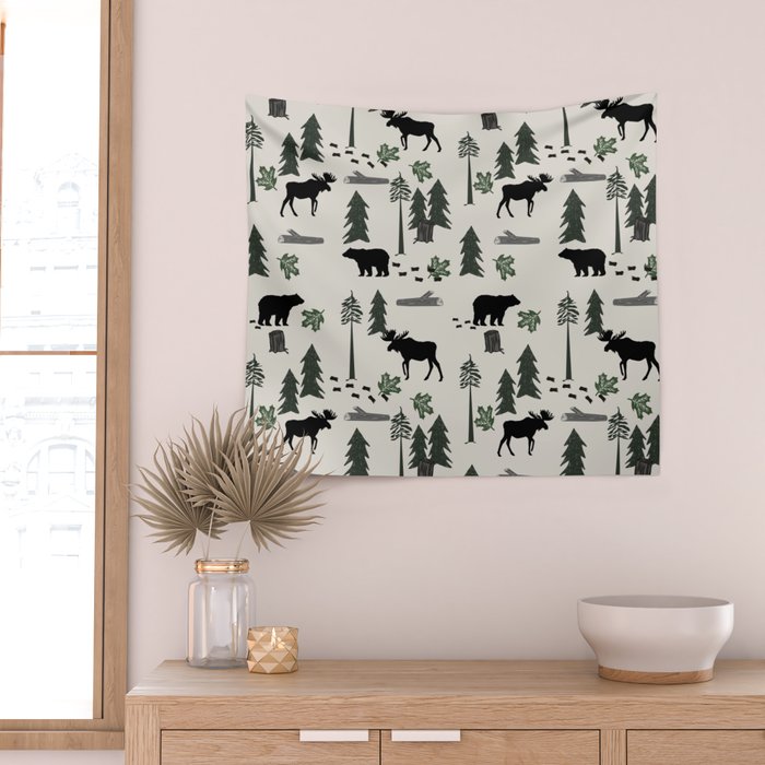 Camping woodland forest nature moose bear pattern nursery gifts Wall Tapestry Gallery Image 2