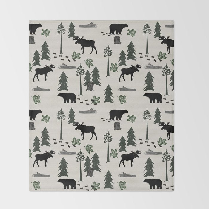 Camping woodland forest nature moose bear pattern nursery gifts Throw Blanket Gallery Image 2
