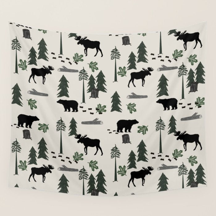 Camping woodland forest nature moose bear pattern nursery gifts Wall Tapestry Gallery Image 1