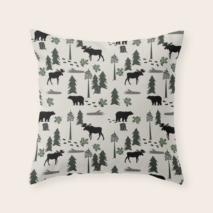Camping woodland forest nature moose bear pattern nursery gifts Throw Pillow Gallery Image 6