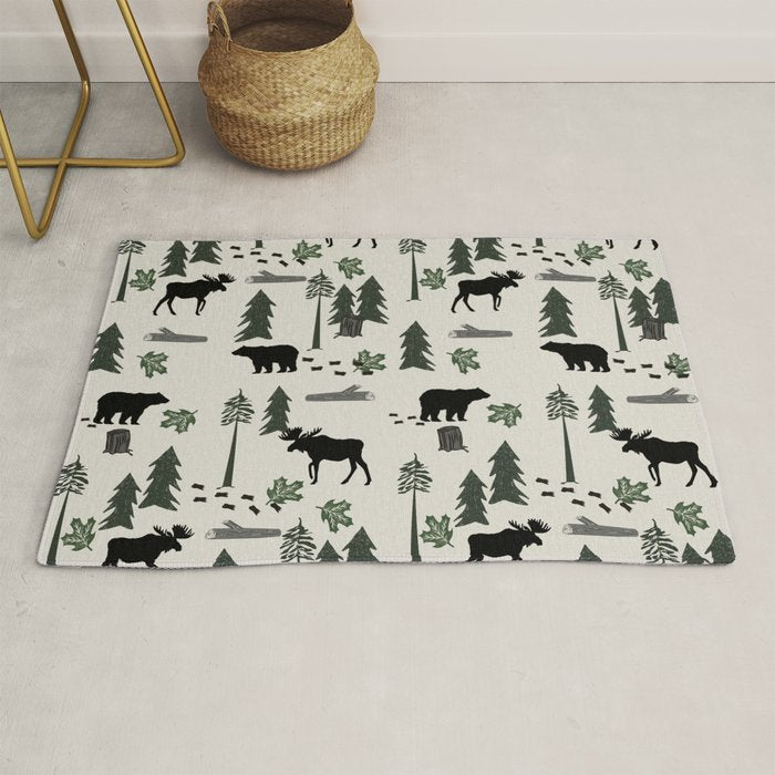 Camping woodland forest nature moose bear pattern nursery gifts Rug Gallery Image 1