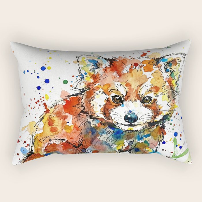 Baby Red Panda - Colourful Ink Line and Watercolour Splatter Art Rectangular Pillow Gallery Image 2