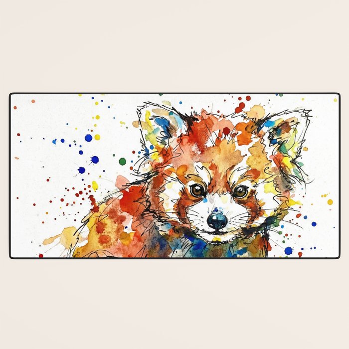Baby Red Panda - Colourful Ink Line and Watercolour Splatter Art Desk Mat Gallery Image 3
