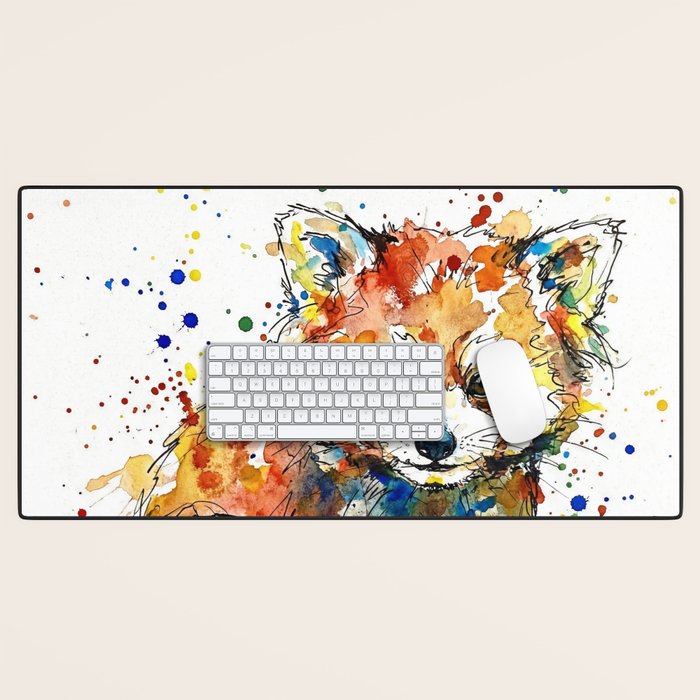 Baby Red Panda - Colourful Ink Line and Watercolour Splatter Art Desk Mat Gallery Image 1