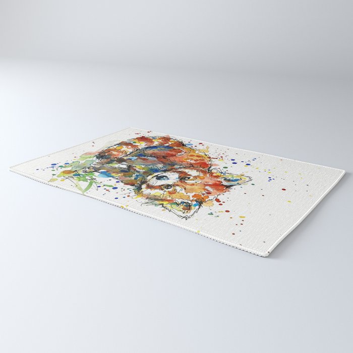 Baby Red Panda - Colourful Ink Line and Watercolour Splatter Art Rug Gallery Image 3