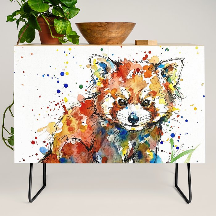 Baby Red Panda - Colourful Ink Line and Watercolour Splatter Art Credenza Gallery Image 2