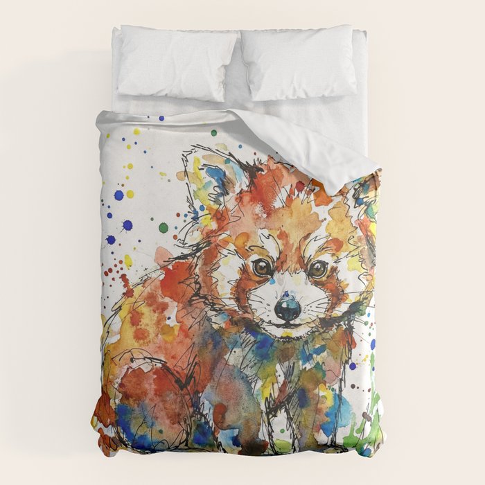 Baby Red Panda - Colourful Ink Line and Watercolour Splatter Art Duvet Cover Gallery Image 6