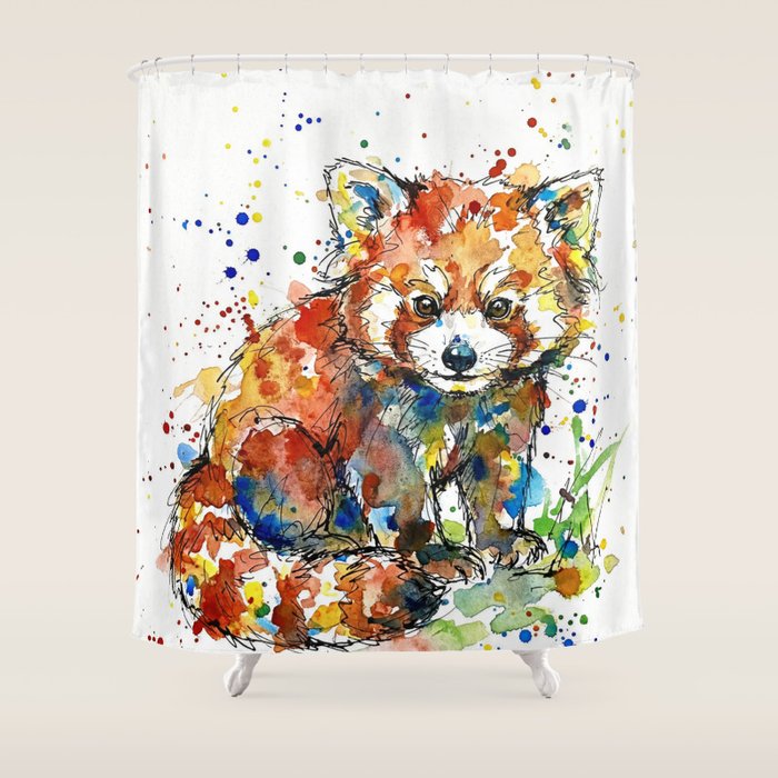 Baby Red Panda - Colourful Ink Line and Watercolour Splatter Art Shower Curtain Gallery Image 1