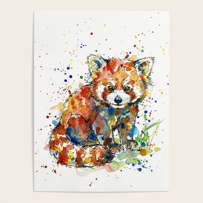 Baby Red Panda - Colourful Ink Line and Watercolour Splatter Art Poster Gallery Image 1