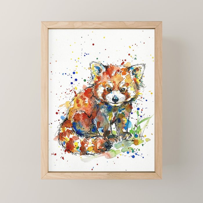 Baby Red Panda - Colourful Ink Line and Watercolour Splatter Art Mini Art Print Gallery Image 1